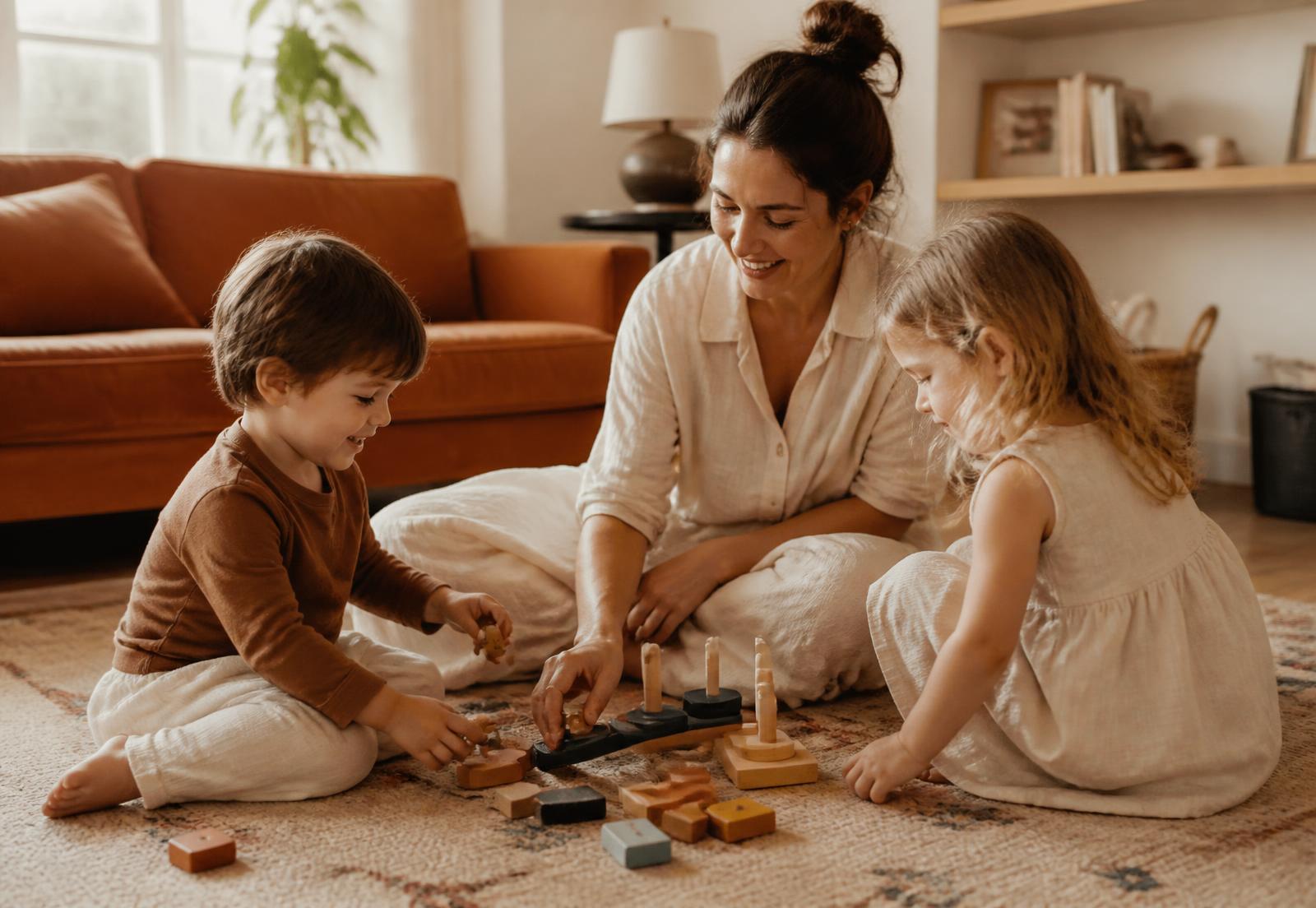 Cuidadora jugando en el suelo con dos niños pequeños en la sala de una casa (imagen de referencia)
